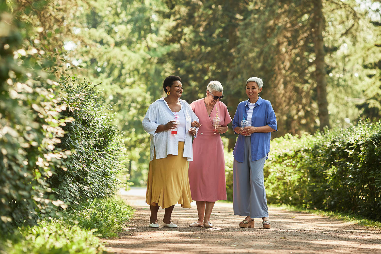 Group of cheerful senior women walking towards camera in park and enjoying summer